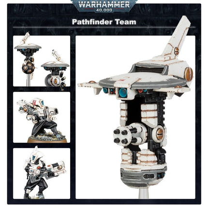 40K Tau Pathfinder team van Warhammer 40.000, Xenos miniaturen met soldaten en uitrusting, gedetailleerd en kleurrijk.