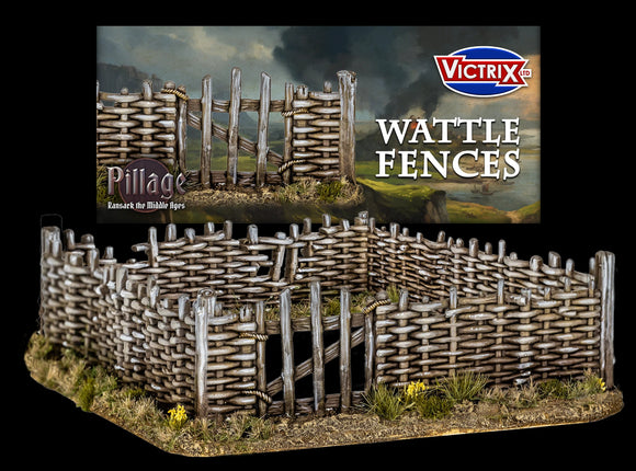 Donkere middeleeuwse hekwerken van houten palen en riet, onderdeel van Victrix Dark Age Wattle Fences schaalmodel voor scenery.