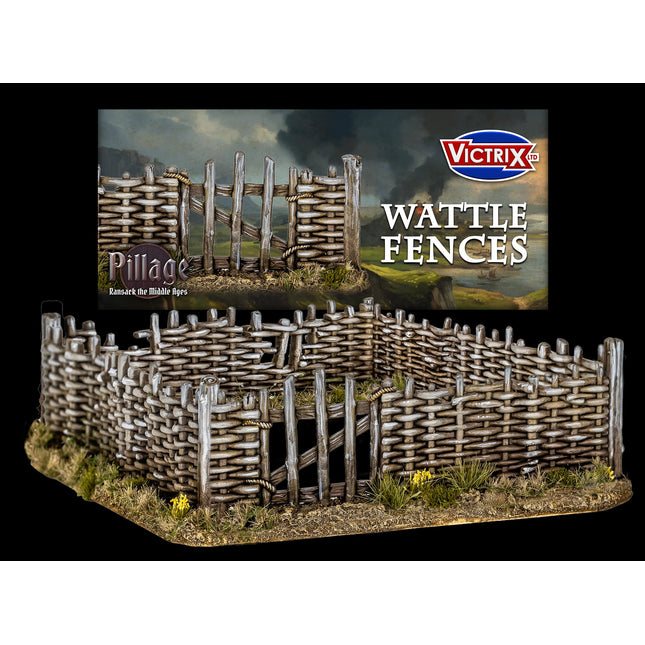 Donkere middeleeuwse hekwerken van houten palen en riet, onderdeel van Victrix Dark Age Wattle Fences schaalmodel voor scenery.