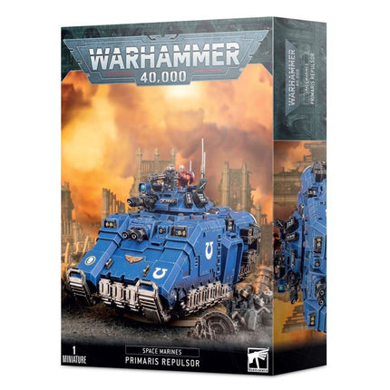 Warhammer 40.000 Imperium Space Marines Repulsor model, gedetailleerd voertuig met futuristische design en militaire uitstraling.