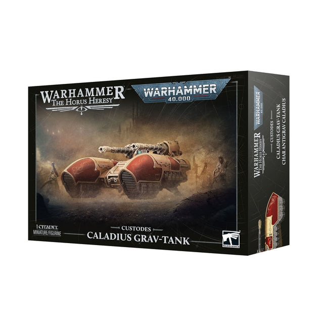 Warhammer 40.000 Adeptus Custodes Caladius Grav-Tank model van het Imperium, zichtbaar met gedetailleerde grav-tank en accessoires