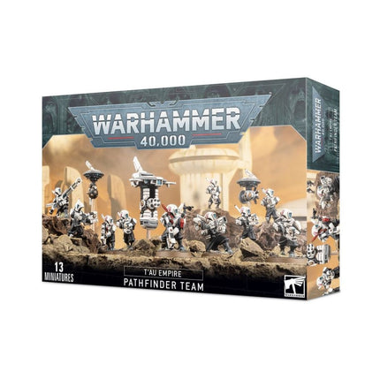 40K Tau Pathfinder team van Warhammer 40.000, Xenos miniatuurfiguren met blauwe uniformen en wapens, gezien van voren.