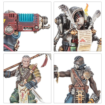 Inquisitieve agenten uit Kill Team met geweren en uniformen, klaar voor actie, getoond in gedetailleerde miniatuurweergave
