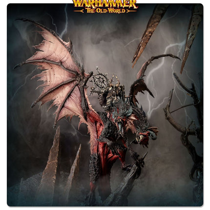 Warriors of Chaos: Heer der Chaos Lord op Chaos Drachen, gedetailleerd model van The Old World, staand op een strijdtoneel.