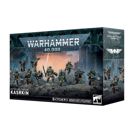Astra Militarum Karskin soldaat van Warhammer 40.000 Imperium, gedetailleerd miniatuurfiguur met militaire uitrusting en wapens.