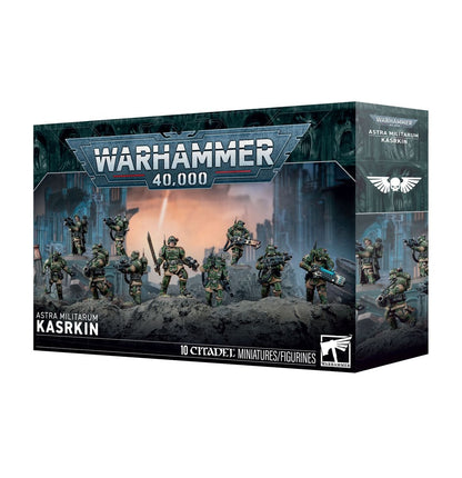 Astra Militarum Karskin soldaat van Warhammer 40.000 Imperium, gedetailleerd miniatuurfiguur met militaire uitrusting en wapens.