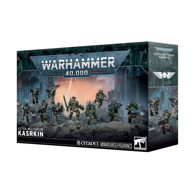 Astra Militarum Karskin soldaat van Warhammer 40.000 Imperium, gedetailleerd miniatuurfiguur met militaire uitrusting en wapens.