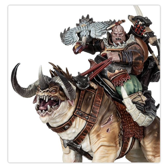 Miniatuur van AoS Ogor Mawtribes Maulbeast Raiders, cavalerie eenheid uit Age of Sigmar, te zien met gedetailleerde modellen en wapens.