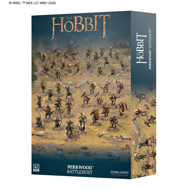 Middle Earth SBG Mirkwood Battlehost miniatuurset met elfen en boomachtige landschappen, gedetailleerde figuren en natuurlijke kleuren.