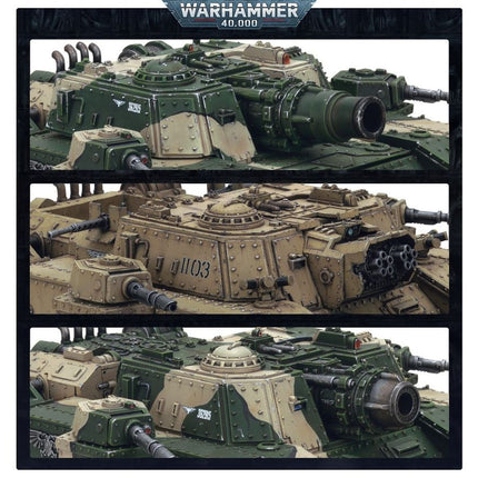 Gedetailleerde Warhammer 40.000 Astra Militarum Baneblade van het Imperium, model met mechanische onderdelen en wapens.