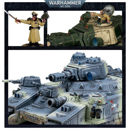 Gedetailleerde close-up van de Warhammer 40.000 Astra Militarum Baneblade van het Imperium, met mechanische details en camouflage.