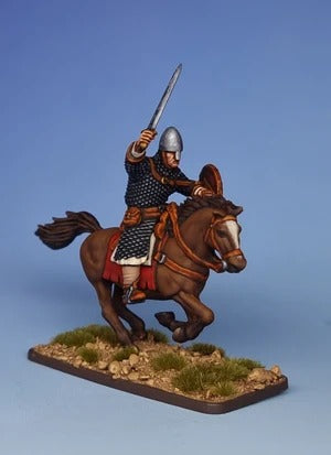 Miniatuur van Normandse ruiters uit de Dark Age, gemaakt door Victrix, met gedetailleerde legeronderdelen en wapens.