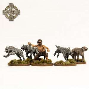 Miniatuurset van Dark Age Ierse krijgers en honden van Victrix, gedetailleerde figuren voor historische oorlogsspelletjes