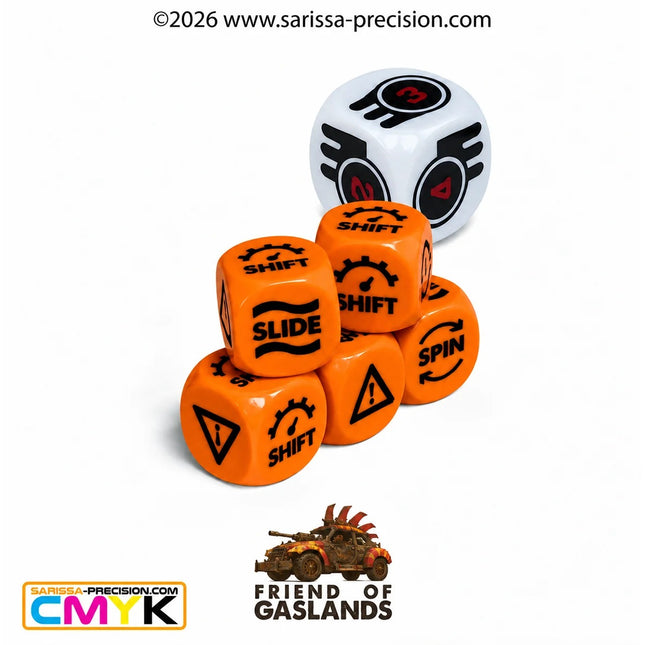 Oranje Gaslands Refuelled skid en gear fase dobbelstenen, game materialen voor Gaslands Refuelled, zichtbaar op de afbeelding.