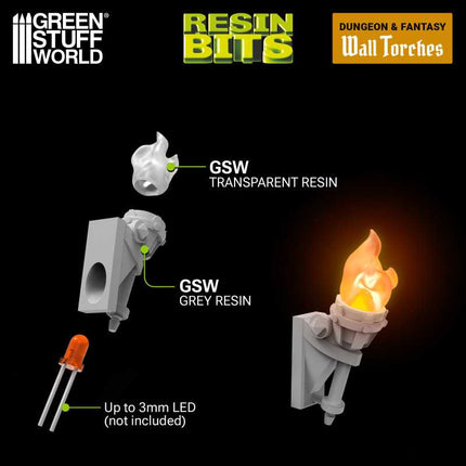 3D Printed - Dungeons - Wall Torches for 3mm LED